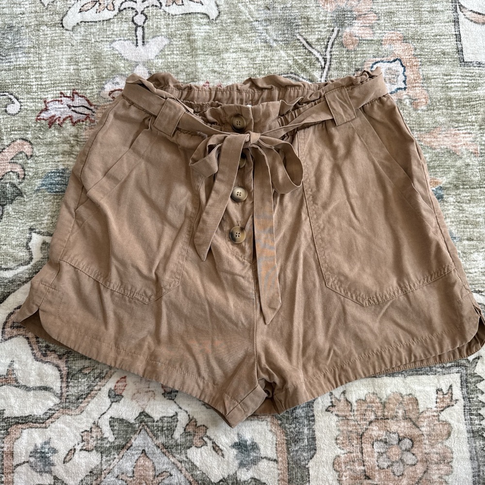 Women's Tan Paperbag Waist Shorts